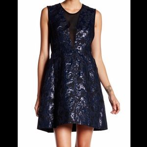 Yigal Azrouël Blue Metallic Jaqcuard Flared Dress